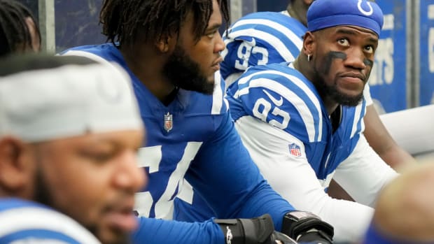 Jake Martin of the Colts is scoreboard watching.